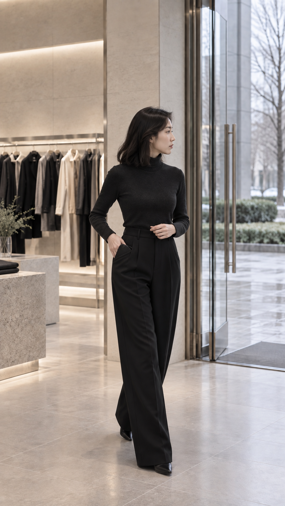原始穿搭示意:同一女主穿黑色针织衫与长裤